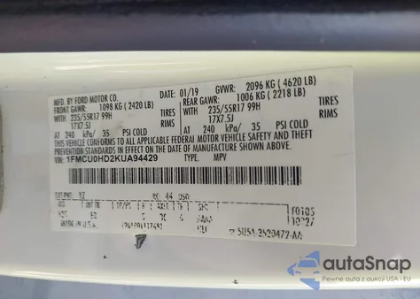 2019 Ford Escape Sel z USA, uszkodzony, nr VIN 1FMCU0HD2KUA94429